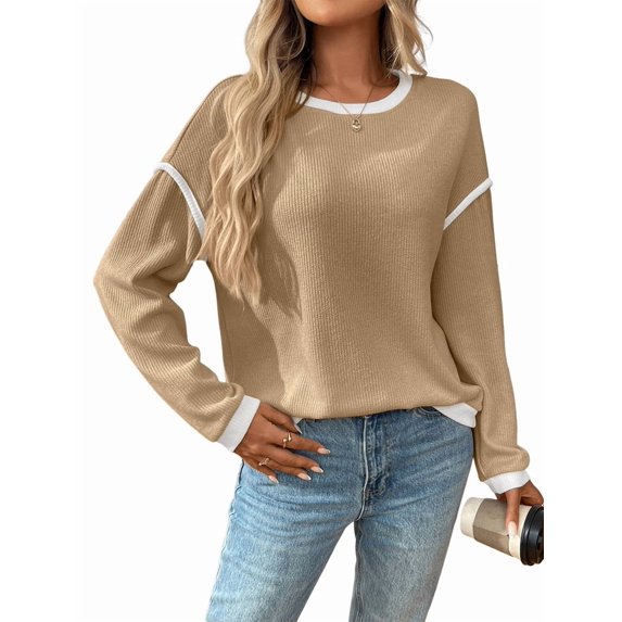 Women'S 2025 Fall Crew Neck Long Sleeve Oversized Color Block Sweaters Ribbed Knit Side Slit Pullover Khaki XL