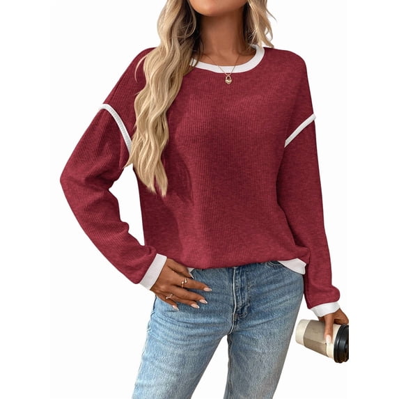Women'S 2025 Fall Crew Neck Long Sleeve Oversized Color Block Sweaters Ribbed Knit Side Slit Pullover Wine Red L