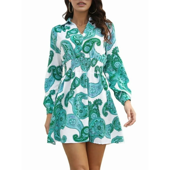 Women'S 2025 Fall Dresses, Floral V-Neck Cable Waist Long Sleeve Dress Short Bohemian Flowy A-Line Mini Dress Green M