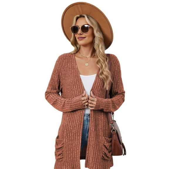 Long-Sleeved Knitted Cardigan Orange Red M