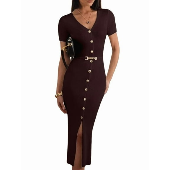 Women'S 2025 Fall Fashion Midi Sweater Dress Casual V-Neck Short Sleeve Ribbed Knit Winter Slim Fit Dress Brown L