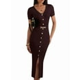 thumbnail image 1 of Women'S 2025 Fall Fashion Midi Sweater Dress Casual V-Neck Short Sleeve Ribbed Knit Winter Slim Fit Dress Brown S, 1 of 8