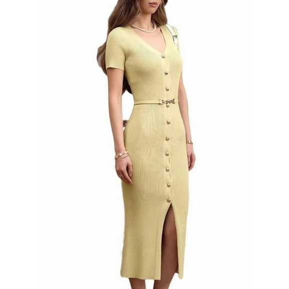 Women'S 2025 Fall Fashion Midi Sweater Dress Casual V-Neck Short Sleeve Ribbed Knit Winter Slim Fit Dress Yellow XL
