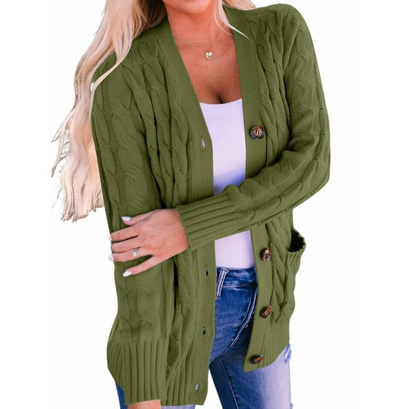 Women'S 2025 Fall Long Sleeve Cable Knit Sweater Open Front Cardigan Button Loose Outerwear Army Green 5XL