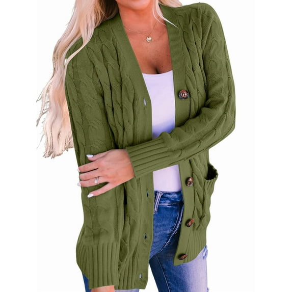 Women'S 2025 Fall Long Sleeve Cable Knit Sweater Open Front Cardigan Button Loose Outerwear Army Green XXL