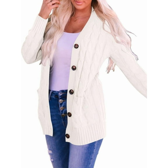 Women'S 2025 Fall Long Sleeve Cable Knit Sweater Open Front Cardigan Button Loose Outerwear Cream White S