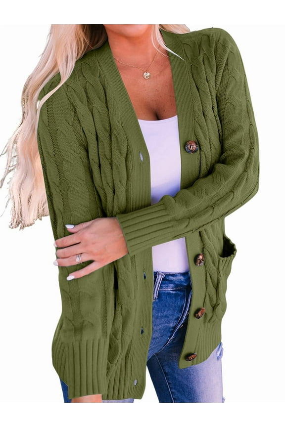 Women'S 2025 Fall Long Sleeve Cable Knit Sweater Open Front Cardigan Button Loose Outerwear  Green XL