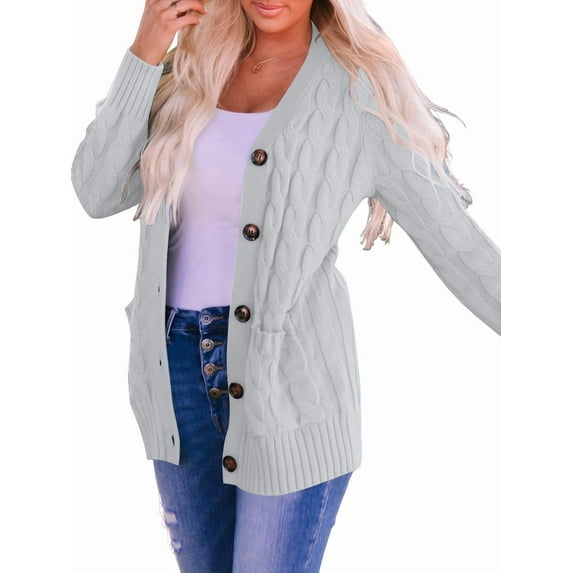 Women'S 2025 Fall Long Sleeve Cable Knit Sweater Open Front Cardigan Button Loose Outerwear Grey S
