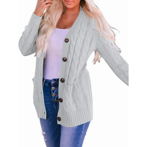 Women'S 2025 Fall Long Sleeve Cable Knit Sweater Open Front Cardigan Button Loose Outerwear Grey XXL