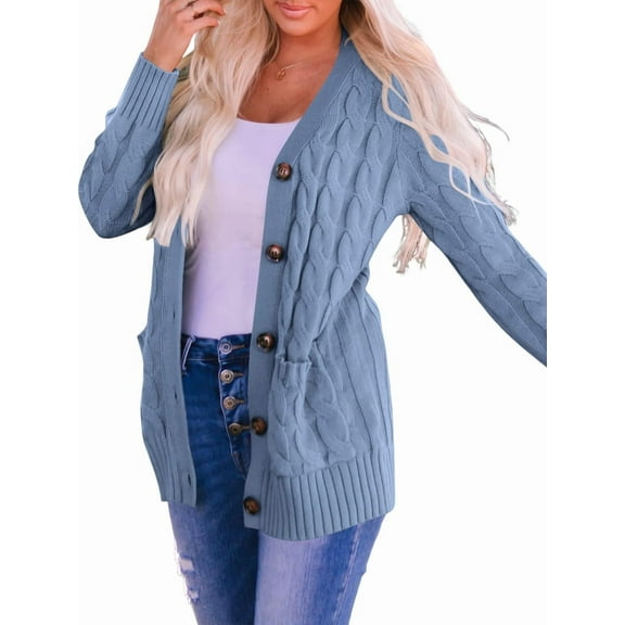 Women'S 2025 Fall Long Sleeve Cable Knit Sweater Open Front Cardigan Button Loose Outerwear Light Blue XXL