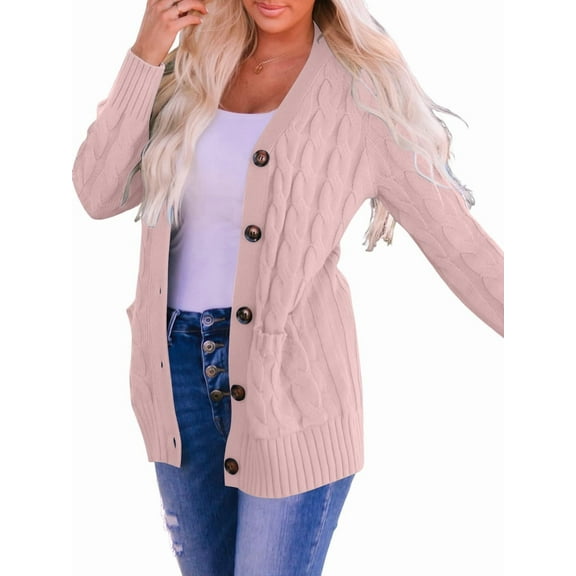 Women'S 2025 Fall Long Sleeve Cable Knit Sweater Open Front Cardigan Button Loose Outerwear Pink L