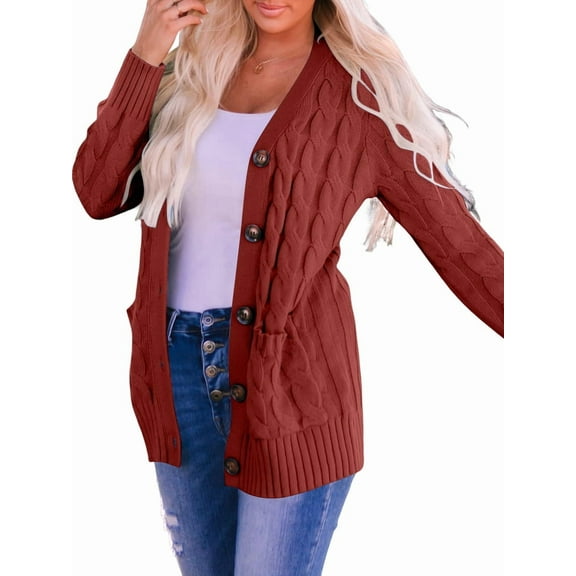 Women'S 2025 Fall Long Sleeve Cable Knit Sweater Open Front Cardigan Button Loose Outerwear Rust Red M