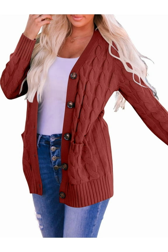 Women'S 2025 Fall Long Sleeve Cable Knit Sweater Open Front Cardigan Button Loose Outerwear Rust Red XL