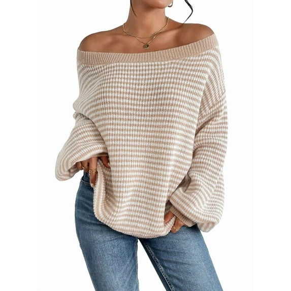 Women'S 2025 Fall Long Sleeve Casual Loose Striped Off Shoulder Casual Oversized Knitted Sweater Pullovers Beige S