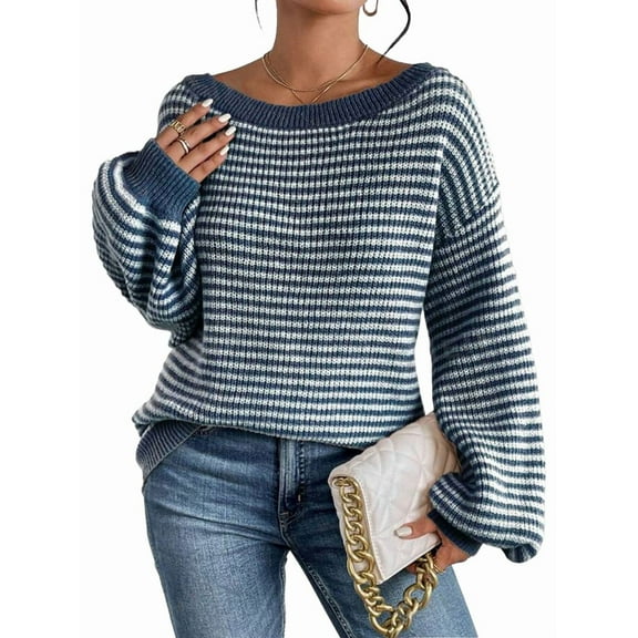 Women'S 2025 Fall Long Sleeve Casual Loose Striped Off Shoulder Casual Oversized Knitted Sweater Pullovers Blue S
