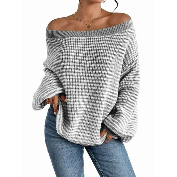 Women'S 2025 Fall Long Sleeve Casual Loose Striped Off Shoulder Casual Oversized Knitted Sweater Pullovers Grey XXL