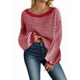 thumbnail image 1 of Women'S 2025 Fall Long Sleeve Casual Loose Striped Off Shoulder Casual Oversized Knitted Sweater Pullovers Red L, 1 of 5