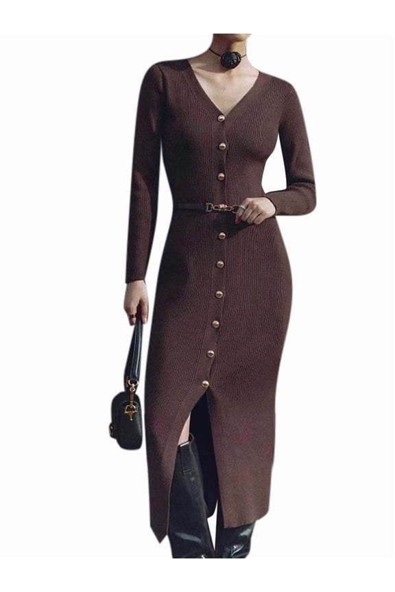 Women'S 2025 Fall Trendy Midi Sweater Dress Casual V Neck Long Sleeve Ribbed Knit Winter Bodycon Dresses Brown L