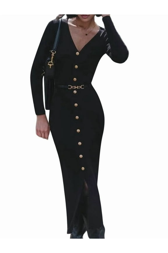 Women'S 2025 Fall Trendy Midi Sweater Dress Casual V Neck Long Sleeve Ribbed Knit Winter Bodycon Dresses