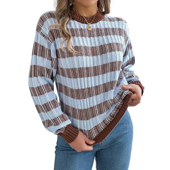 Women'S 2025 Fall Winter Color Block Striped Sweater Crew Neck Sweaters Casual Loose Knit Sweater Coffee Color L
