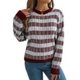 thumbnail image 1 of Women'S 2025 Fall Winter Color Block Striped Sweater Crew Neck Sweaters Casual Loose Knit Sweater Wine Red S, 1 of 7