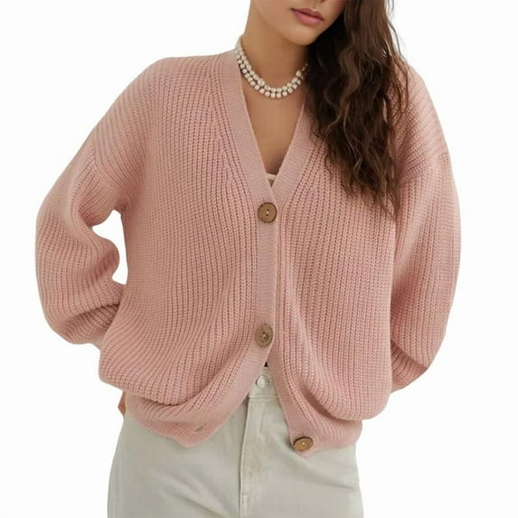 Women'S 2025 Fashion Casual Open-Front Long-Sleeved Chunky Knitted Sweater Jacket Pink M