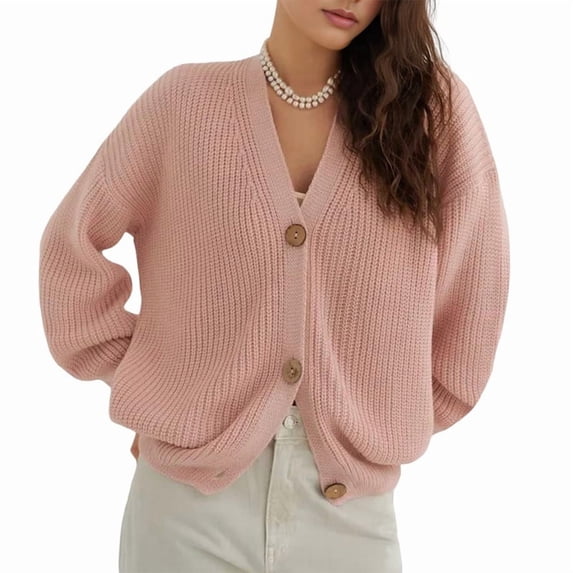 Women'S 2025 Fashion Casual Open-Front Long-Sleeved Chunky Knitted Sweater Jacket Pink XL