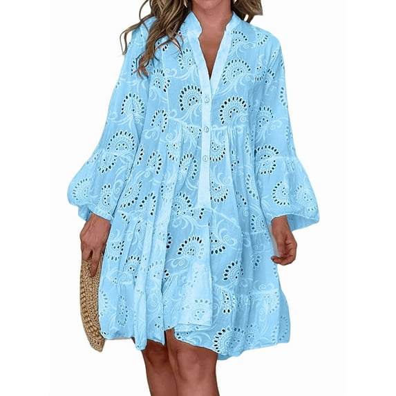 Women'S 2025 Lace Eyelet Embroidery Dress V-Neck Trumpet Sleeve Boho Flowy Swing Dress Blue M