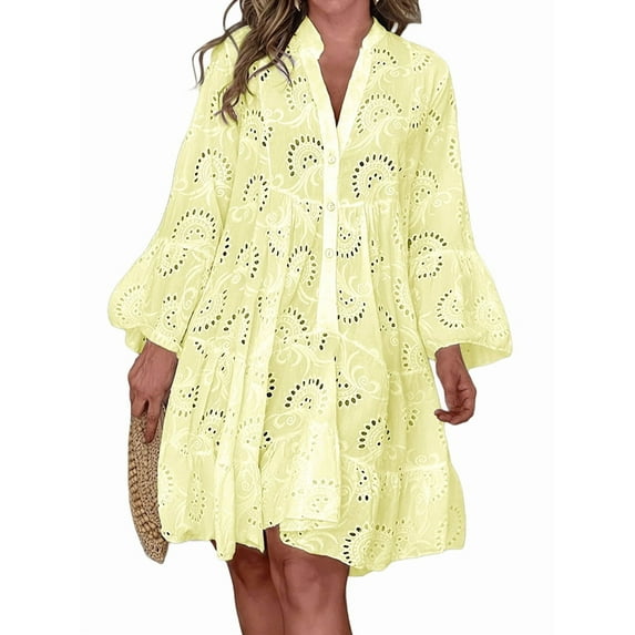 Women'S 2025 Lace Eyelet Embroidery Dress V-Neck Trumpet Sleeve Boho Flowy Swing Dress Yellow XL