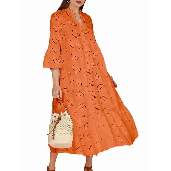 Women'S 2025 Lace Eyelet Embroidery Maxi Dress V-Neck Trumpet Sleeve Boho Flowy Swing Dress Orange Color XL