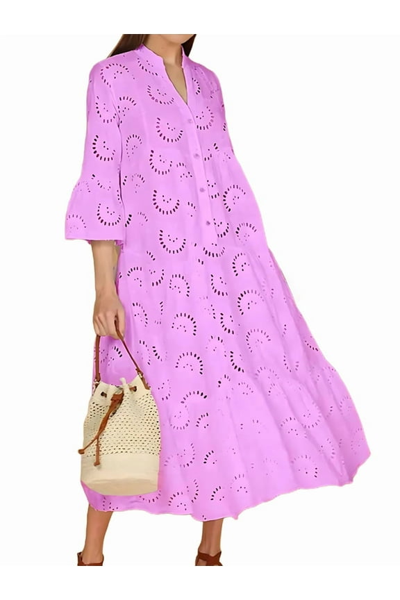 Women'S 2025 Lace Eyelet Embroidery Maxi Dress V-Neck Trumpet Sleeve Boho Flowy Swing Dress Pink XXL