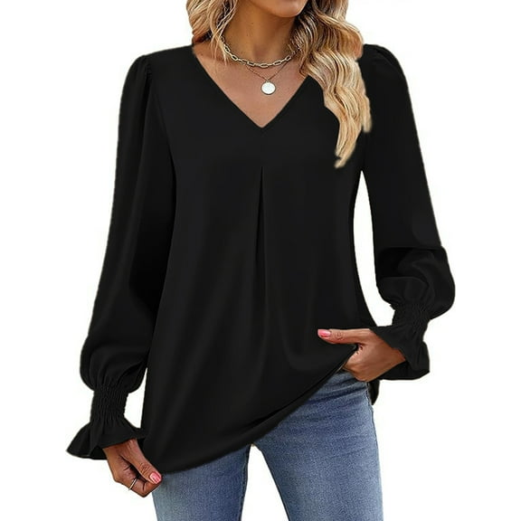 Women'S 2025 Long Sleeve Tops Dressy Casual V Neck Tunic Shirts Loose Chiffon Work Blouse Black S