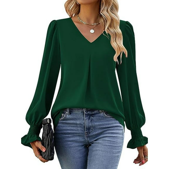 Women'S 2025 Long Sleeve Tops Dressy Casual V Neck Tunic Shirts Loose Chiffon Work Blouse Green L