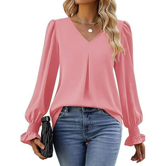 Women'S 2025 Long Sleeve Tops Dressy Casual V Neck Tunic Shirts Loose Chiffon Work Blouse Pink S