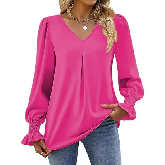 Women'S 2025 Long Sleeve Tops Dressy Casual V Neck Tunic Shirts Loose Chiffon Work Blouse Rose Red XXL