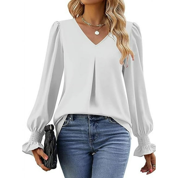 Women'S 2025 Long Sleeve Tops Dressy Casual V Neck Tunic Shirts Loose Chiffon Work Blouse White M
