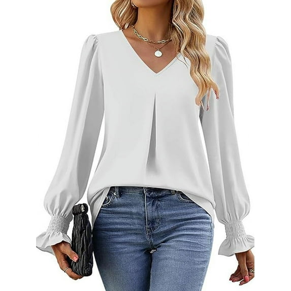 Women'S 2025 Long Sleeve Tops Dressy Casual V Neck Tunic Shirts Loose Chiffon Work Blouse White XL