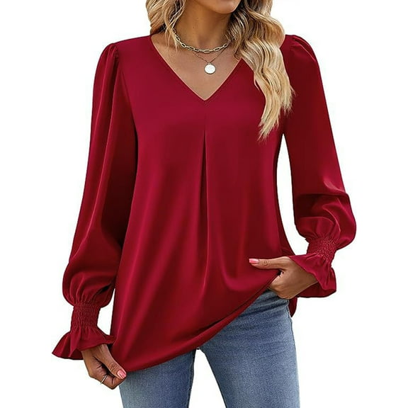 Women'S 2025 Long Sleeve Tops Dressy Casual V Neck Tunic Shirts Loose Chiffon Work Blouse Wine Red M