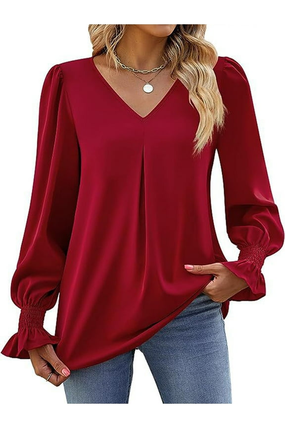 Women'S 2025 Long Sleeve Tops Dressy Casual V Neck Tunic Shirts Loose Chiffon Work Blouse Wine Red M