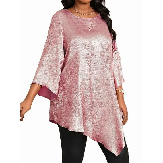 Women'S 2025 Plus Size Loose Round Neck Nine-Point Sleeve Irregular Hem Tops Glitter 4XL