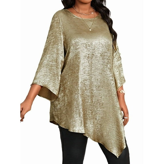 Women'S 2025 Plus Size Loose Round Neck Nine-Point Sleeve Irregular Hem Tops Gold 4XL