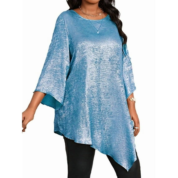 Women'S 2025 Plus Size Loose Round Neck Nine-Point Sleeve Irregular Hem Tops Light Blue XXXL
