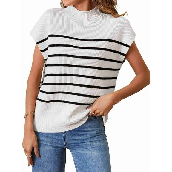 Women'S 2025 Sleeveless Mock Neck Striped Sweater Vest Cap Sleeve Ribbed Knit Pullover Tank Tops White S