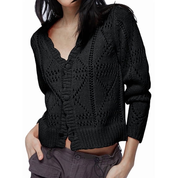Women'S 2025 Spring Autumn Winter Short Cardigan Sweater Top Long Sleeve V-Neck Cardigan Jacket Casual Knitwear Black M