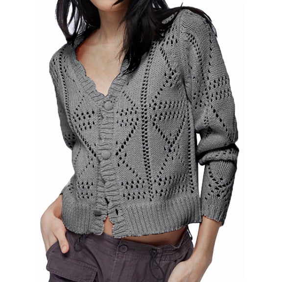 Women'S 2025 Spring Autumn Winter Short Cardigan Sweater Top Long Sleeve V-Neck Cardigan Jacket Casual Knitwear Grey M