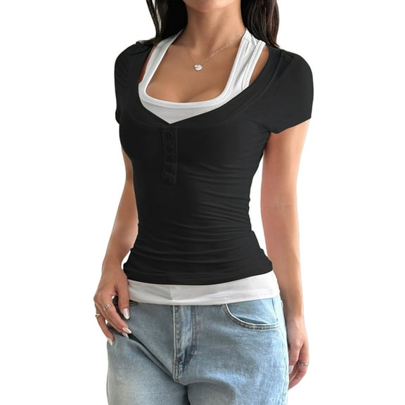 Women'S 2025 Spring Summer Short Sleeve Ribbed Henley Button Fake Two Pieces Casual T Shirts Blouse Black M