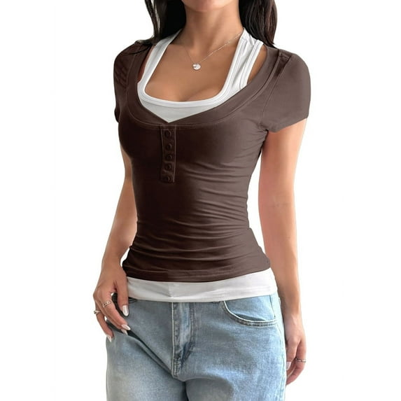 Women'S 2025 Spring Summer Short Sleeve Ribbed Henley Button Fake Two Pieces Casual T Shirts Blouse Coffee Color XL