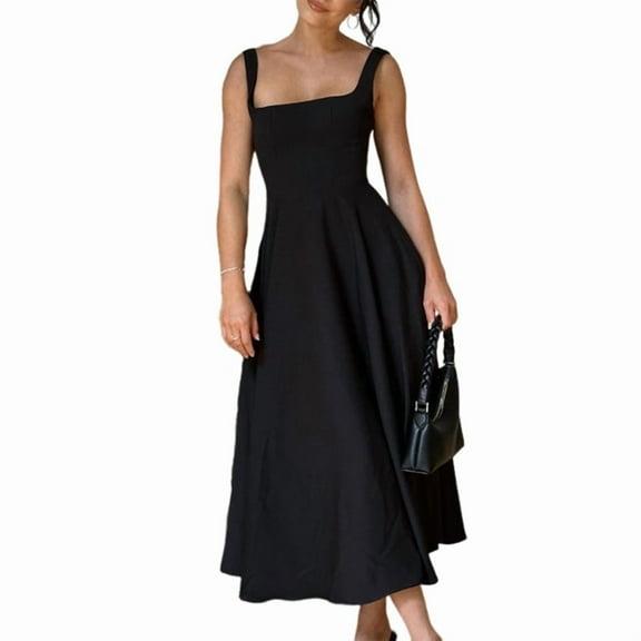 Women'S 2025 Spring and Summer Square Neck Wide Strap Flowing Midi Dress Wedding Guest Ball Cocktail Dress Black M