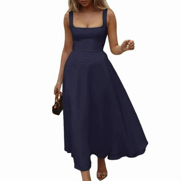 Women'S 2025 Spring and Summer Square Neck Wide Strap Flowing Midi Dress Wedding Guest Ball Cocktail Dress Blue L