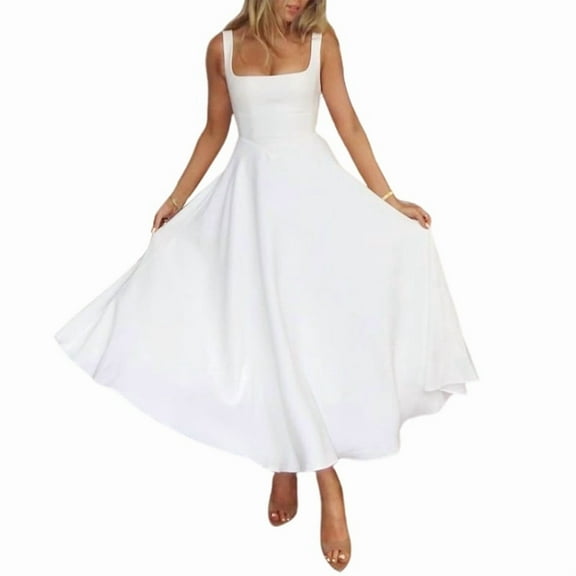 Women'S 2025 Spring and Summer Square Neck Wide Strap Flowing Midi Dress Wedding Guest Ball Cocktail Dress White L